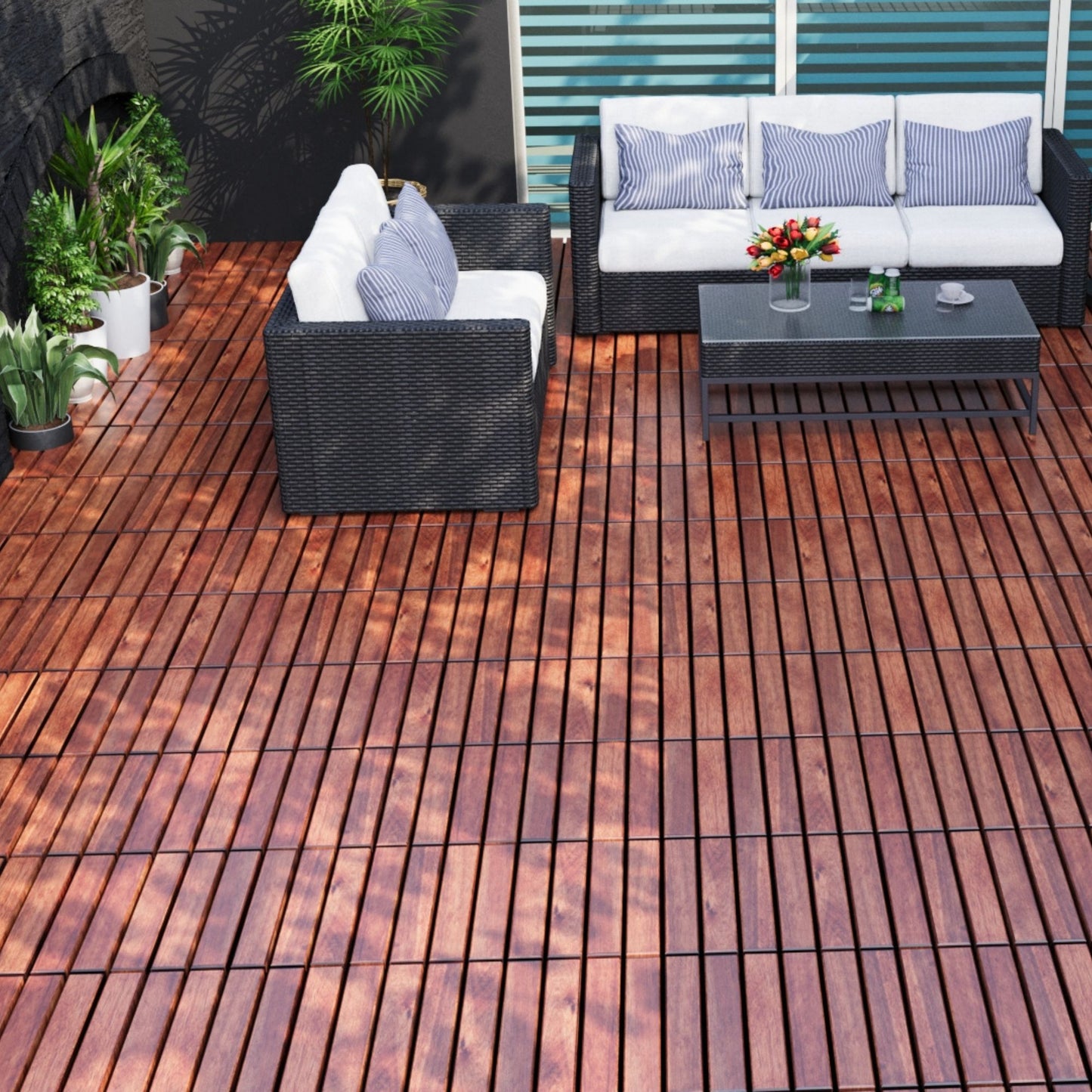 10 Piece Interlocking Deck Tiles Striped Pattern, Square Acacia Hardwood Outdoor Flooring For Patio, Bancony, Pool Side - Brown
