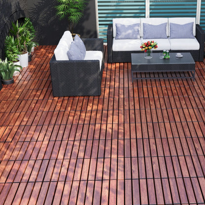 10 Piece Interlocking Deck Tiles Striped Pattern, Square Acacia Hardwood Outdoor Flooring For Patio, Bancony, Pool Side - Brown