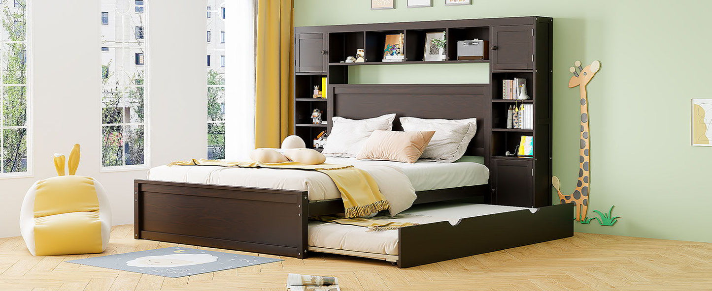 Queen Size Bed With All In One Cabinet, Shelf And Sockets, Twin Long Trundle - Espresso