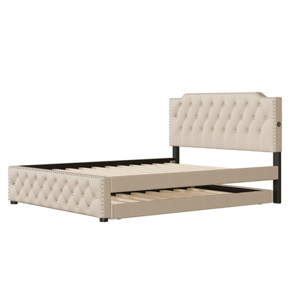 Queen Size Upholstered Platform Bed With Twin Size Trundle And 2 Sets Of USB Ports On Each Side - Beige