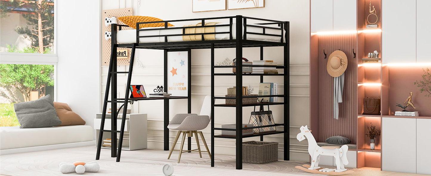 Twin Size Loft Bed With 3 Layers Of Shelves And Desk, Stylish Frame Bed - Black