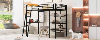 Twin Size Loft Bed With 3 Layers Of Shelves And Desk, Stylish Frame Bed - Black