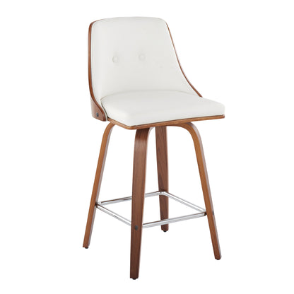 Gianna - Mid-Century Modern Fixed Height Counter Stool With Swivel With Square Footrest (Set of 2) - Walnut / Light White