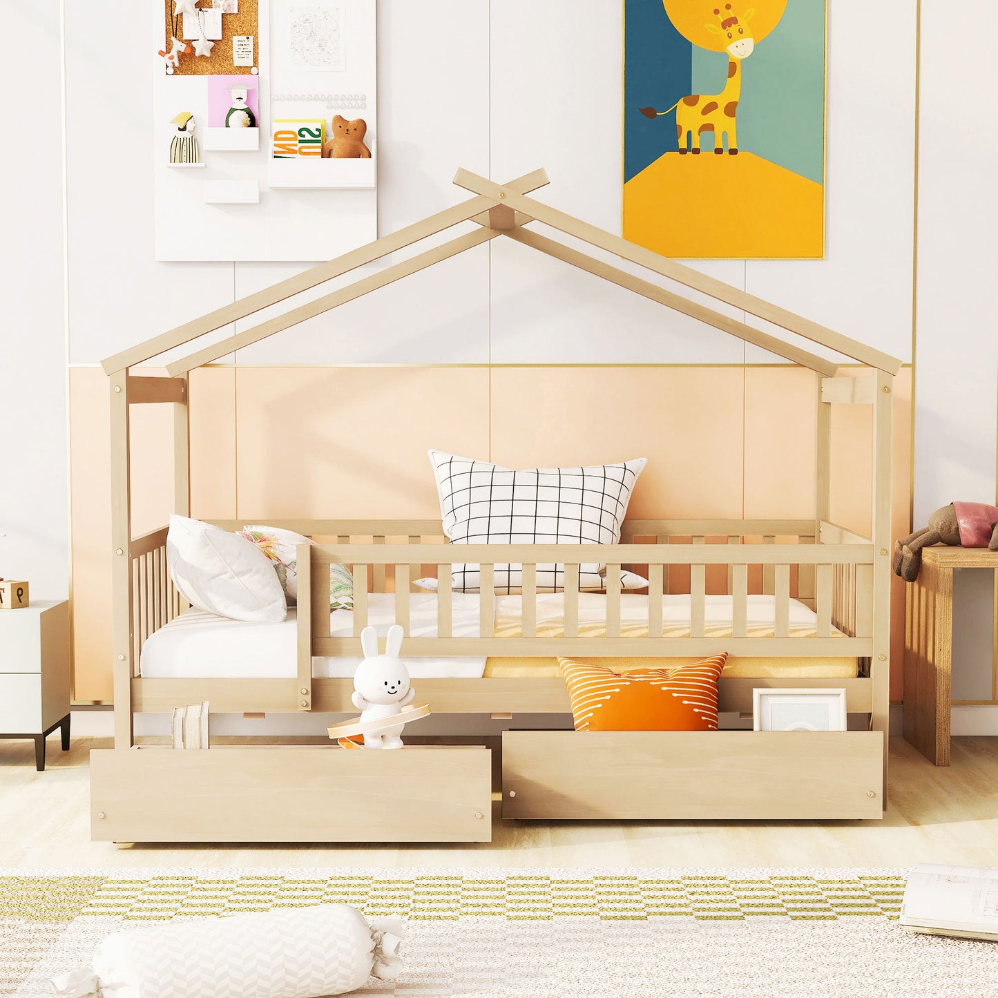 Twin Size House Bed With 2 Drawers - Natural