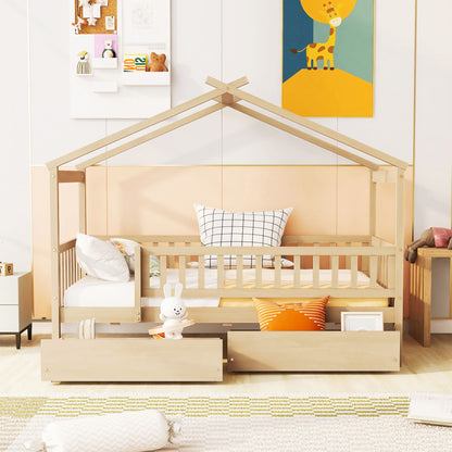 Twin Size House Bed With 2 Drawers - Natural