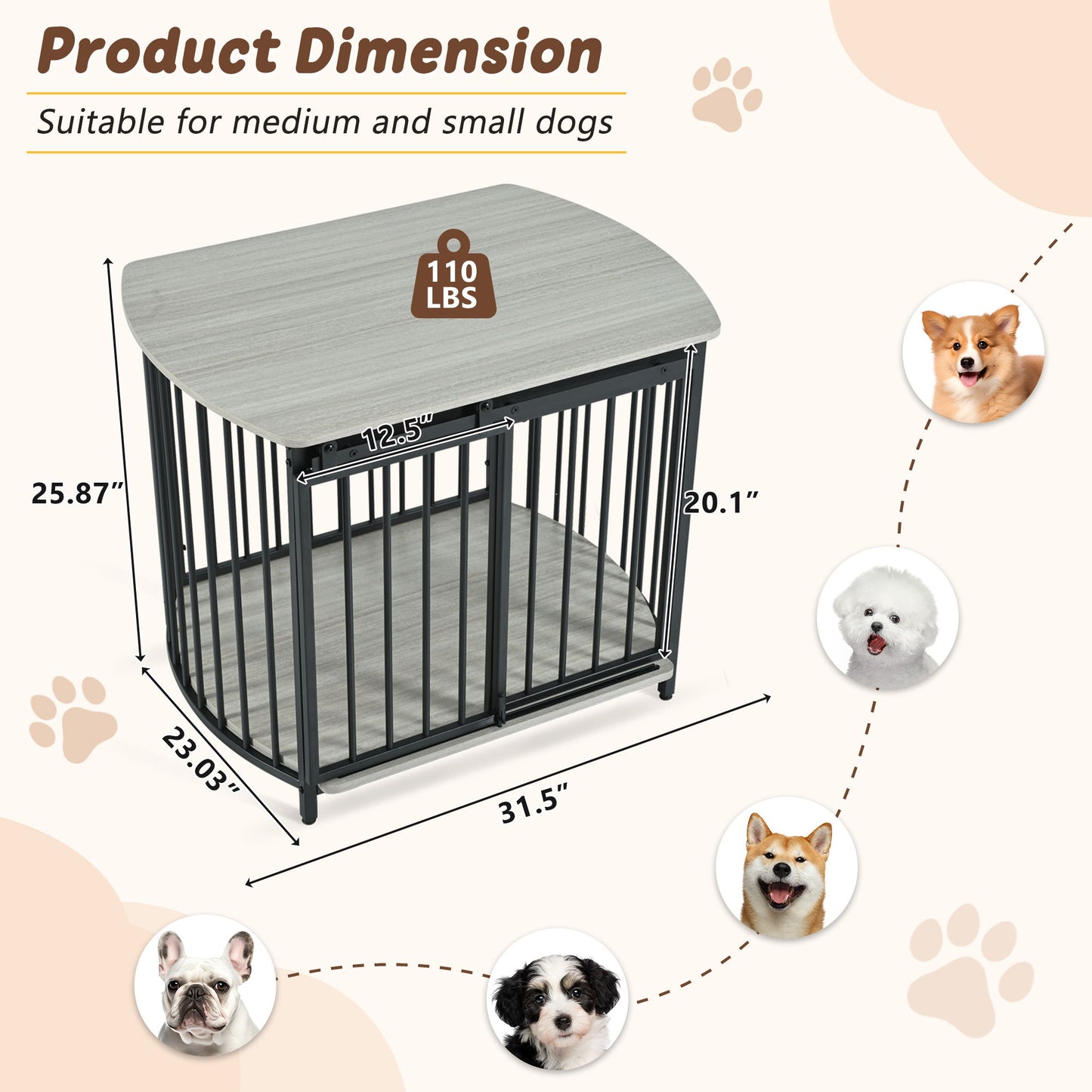 Furniture Style Dog Crate For Small And Medium Dogs, Wooden Cage Indoor Kennel Furniture, Modern Dog Crate End Table With Double Doors - Gray