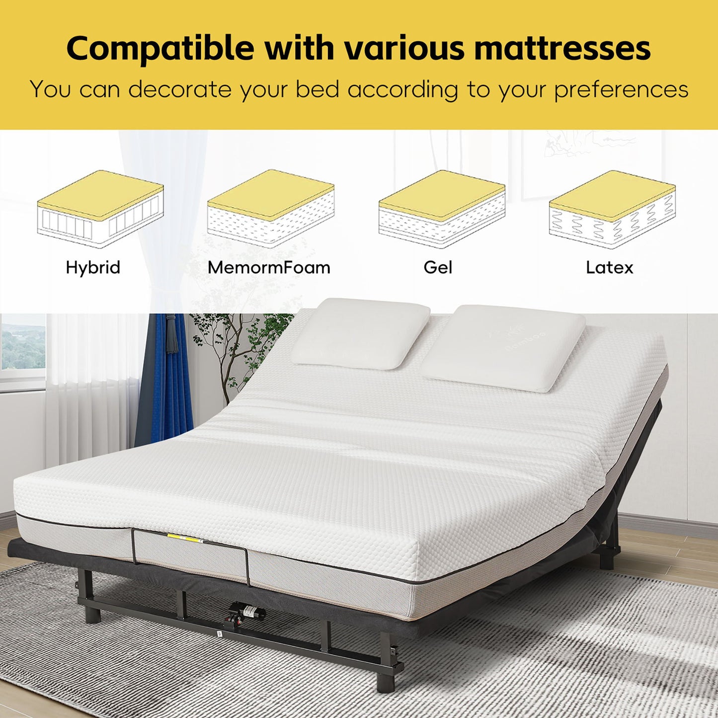Electric Ergonomic Adjustable Bed Base Queen Size With Wireless Remote Control - Gray