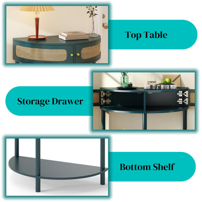 Boho Rattan Semi Circle End Table With Sliding Rattan Door, Elegant Entryway Console With Storage And Bottom Shelf - Antique Green