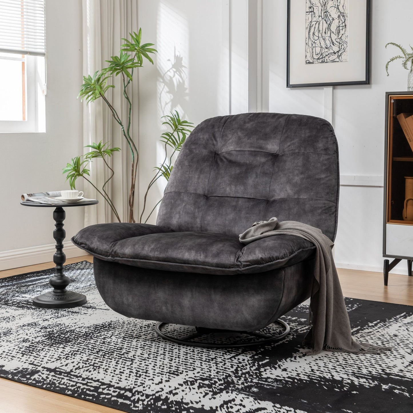 Modern Swivel Gliding Recliner Chair With Rocking Function And Phone Holder - Large Comfortable Reading Chair In Gold Stamped Velvet - Black
