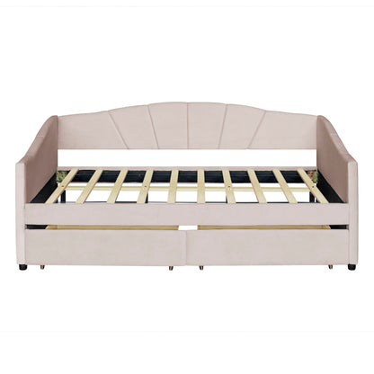 Twin Size Upholstered Daybed With Two Drawers And Slat - Beige