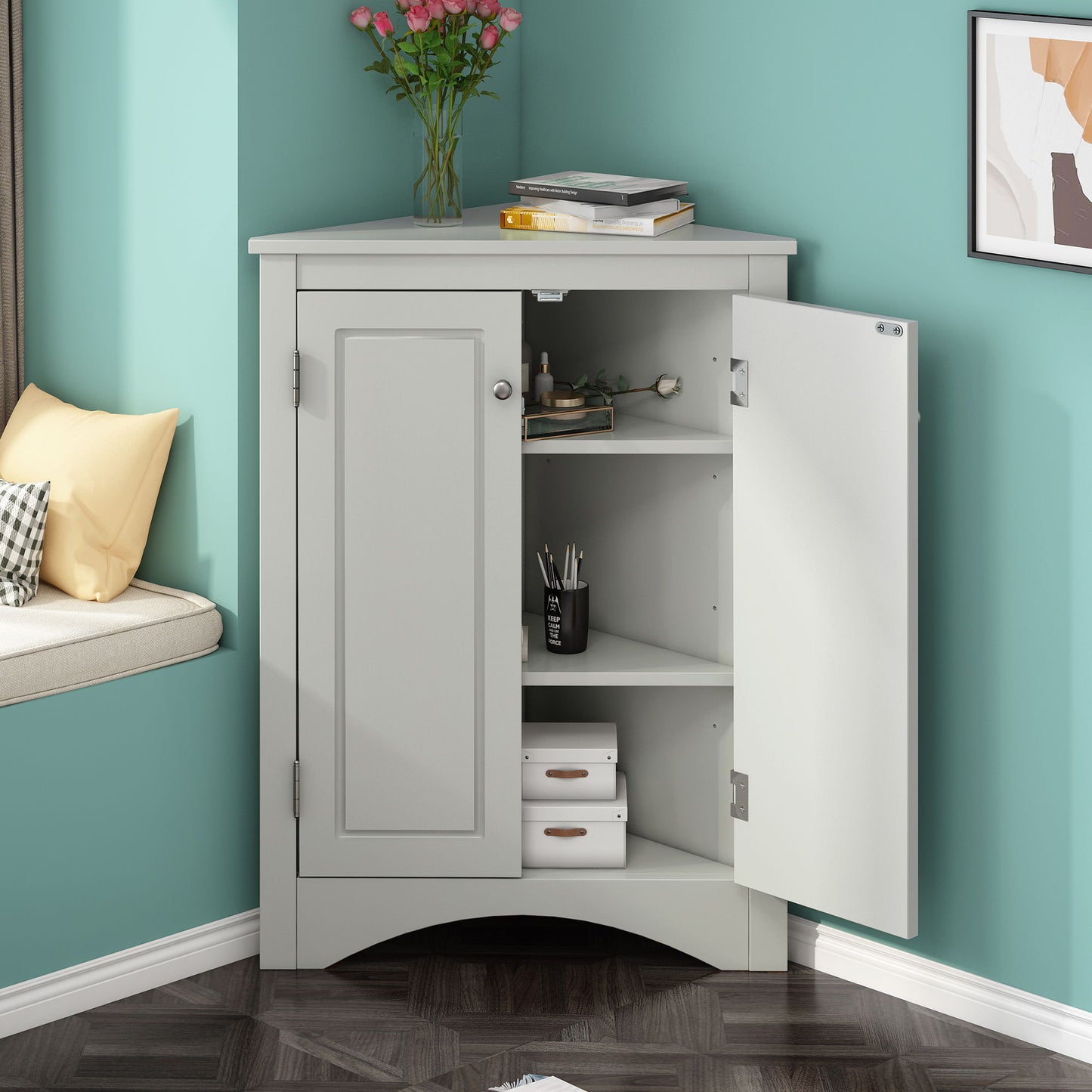 Triangle Bathroom Storage Cabinet With Adjustable Shelves, Freestanding Floor Cabinet For Home Kitchen - Gray