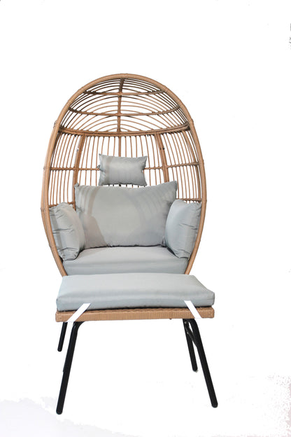 Outdoor Garden Wicker Egg Chair And Footstool Patio Chaise, With Cushions, Outdoor Indoor Basket Chair - Blue / Neutral