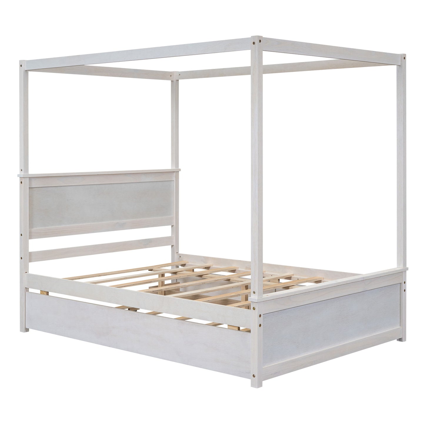 Full Size Canopy Platform Bed With Trundle Bed And 2 Drawers, Support Slats, No Box Spring Needed - Brushed White
