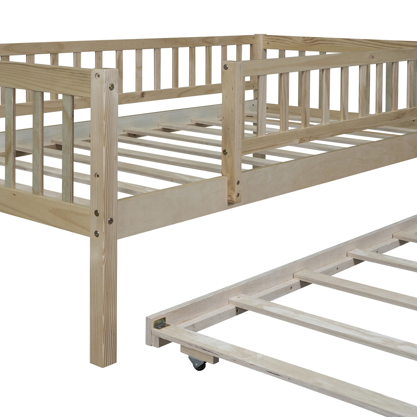 Twin Size Daybed With Trundle And Fence Guardrails - Natural