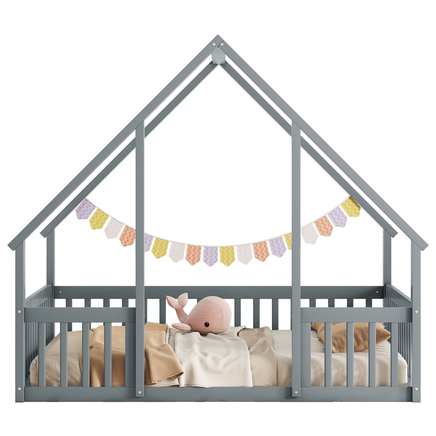 Full Wood House-Shaped Floor Bed With Fence, Guardrails - Gray