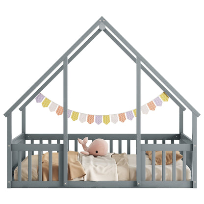 Full Wood House-Shaped Floor Bed With Fence, Guardrails - Gray