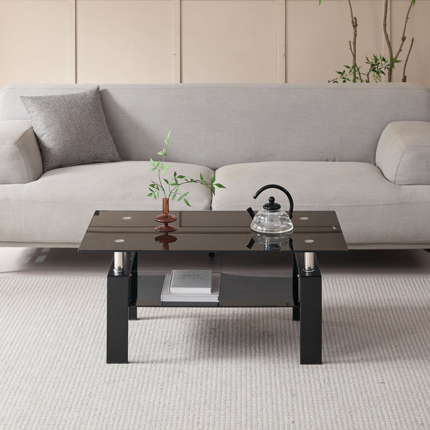 Tempered Black Glass Coffee Table, 2-Layers Tea Table - Black