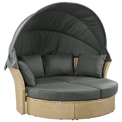 Outdoor Patio Daybed Wicker Rattan Double Daybed Round Sofa Furniture Set With Retractable Canopy, 4 Pillows For Lawn Garden Backyard Porch Pool - Gray