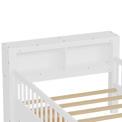 Twin Size Bed With Headboard Storage Rack, 2 Under Bed Drawers, 3 - Side Guardrails For Safety And Security - White