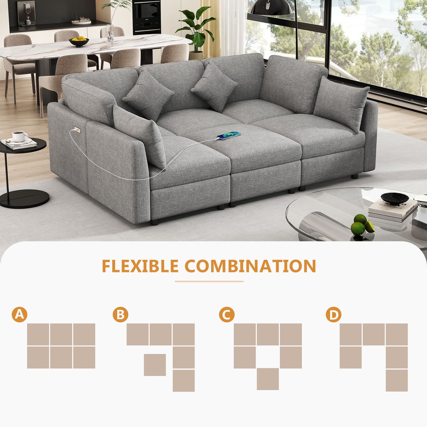 Sectional Sofa Modular Sofa U - Shaped Sofa Couch Sofa Bed L - Shaped Sofa With A Movable Ottoman And Two USB Ports For Living Room - Light Gray