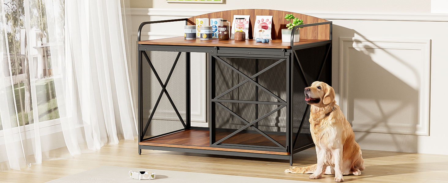 Heavy Duty Large Dog Crate Furniture For Large Medium Dog, Farmhouse Wooden Dog Kennel Indoor End Table, Decorative Pet House For Large Dogs - Brown