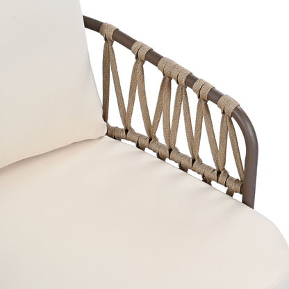 4 Piece Outdoor Patio Furniture Set, Metal Chairs With Woven Rope U Shaped Backrest, Outdoor Conversation Set With Thick Cushions And Coffee Table For Garden, Poolside, Balcony - Brown / Beige
