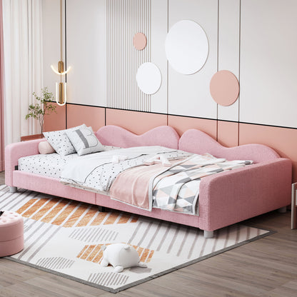 Twin Size Upholstered Daybed, Sherpa Fabric Sofabed With Cloud-Shaped Backrest, No Box - Spring Needed - Pink