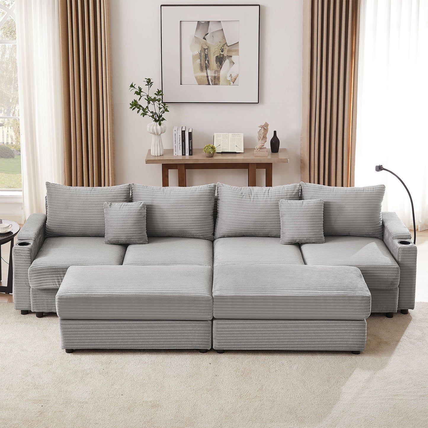 Modern Style 4 - Seater Sofa Sectional Sofa Couch With Storage Space, Two Movable Ottomans, Two USB Ports, Two Cup Holders, A Phone Holder For Living Room - Gray