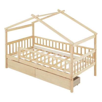 Twin Size House Bed With 2 Drawers - Natural
