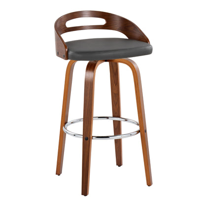 Cassis - Mid-Century Modern Fixed Height Barstool With Swivel With Round Footrest (Set of 2) - Walnut / Gray