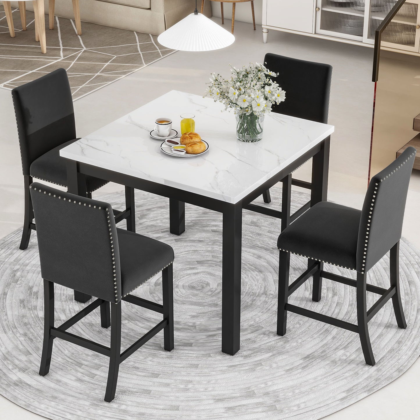 5-Piece Counter Height Dining Table Set With One Faux Marble Top Dining Table And Four Velvet Upholstered Chairs - Black