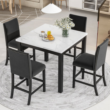 5-Piece Counter Height Dining Table Set With One Faux Marble Top Dining Table And Four Velvet Upholstered Chairs - Black