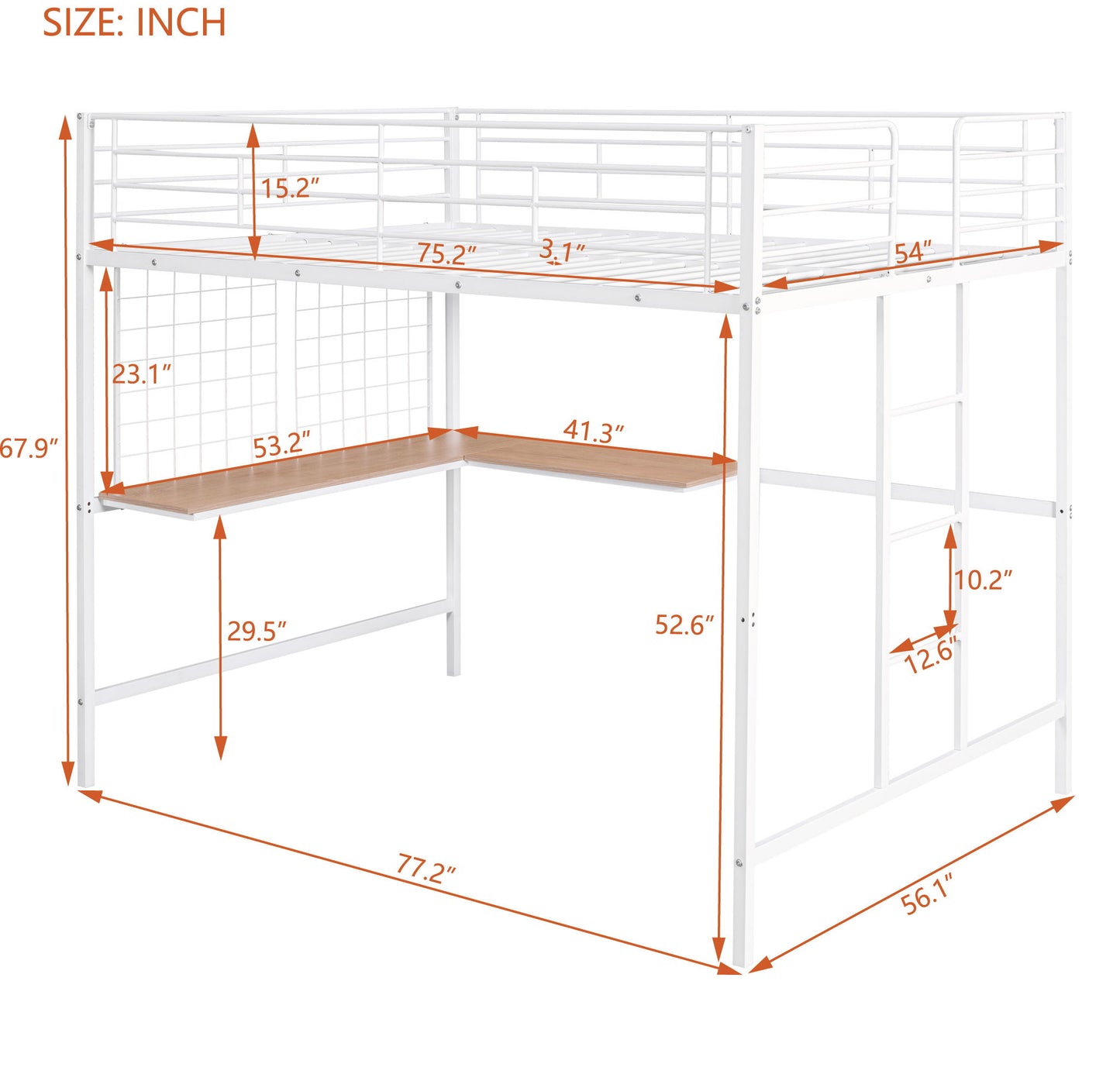 Full Loft Bed With Desk And Grid - White