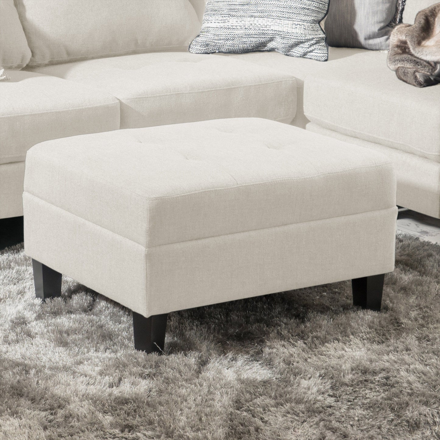 Ottoman With Birch Wood Legs And Cushioned Top For Comfort - Ivory