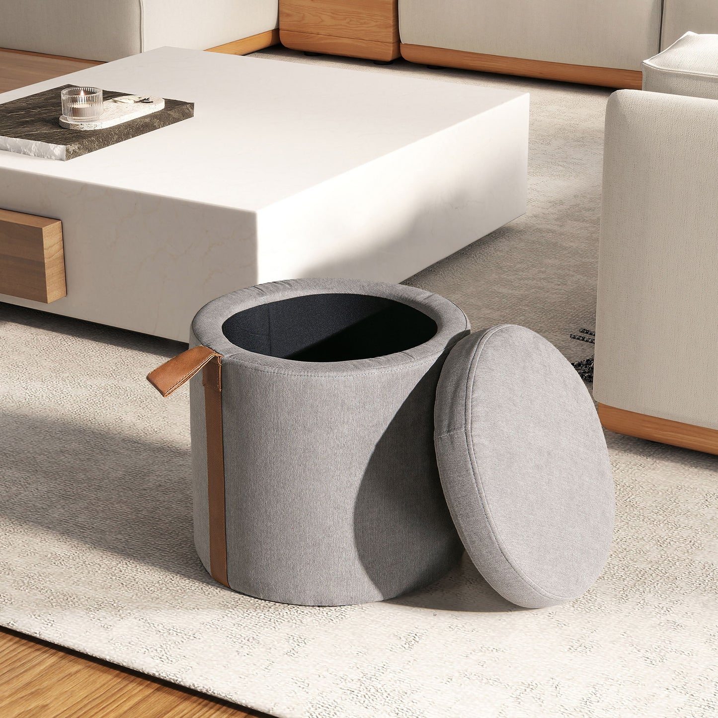 Brandy - Round Upholstered Storage Ottoman With Leather Accent - Gray