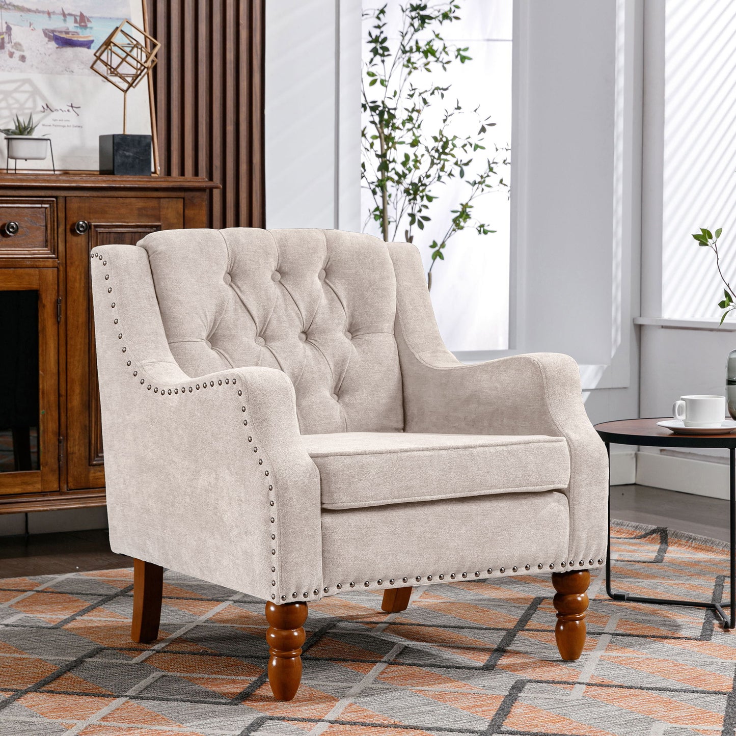 Accent Chair, Living Room Chair, Footrest Chair Set With Vintage Brass Studs, Button Tufted Upholstered Armchair For Living Room, Comfy Reading Chair For Bedroom, Reception Room - Beige