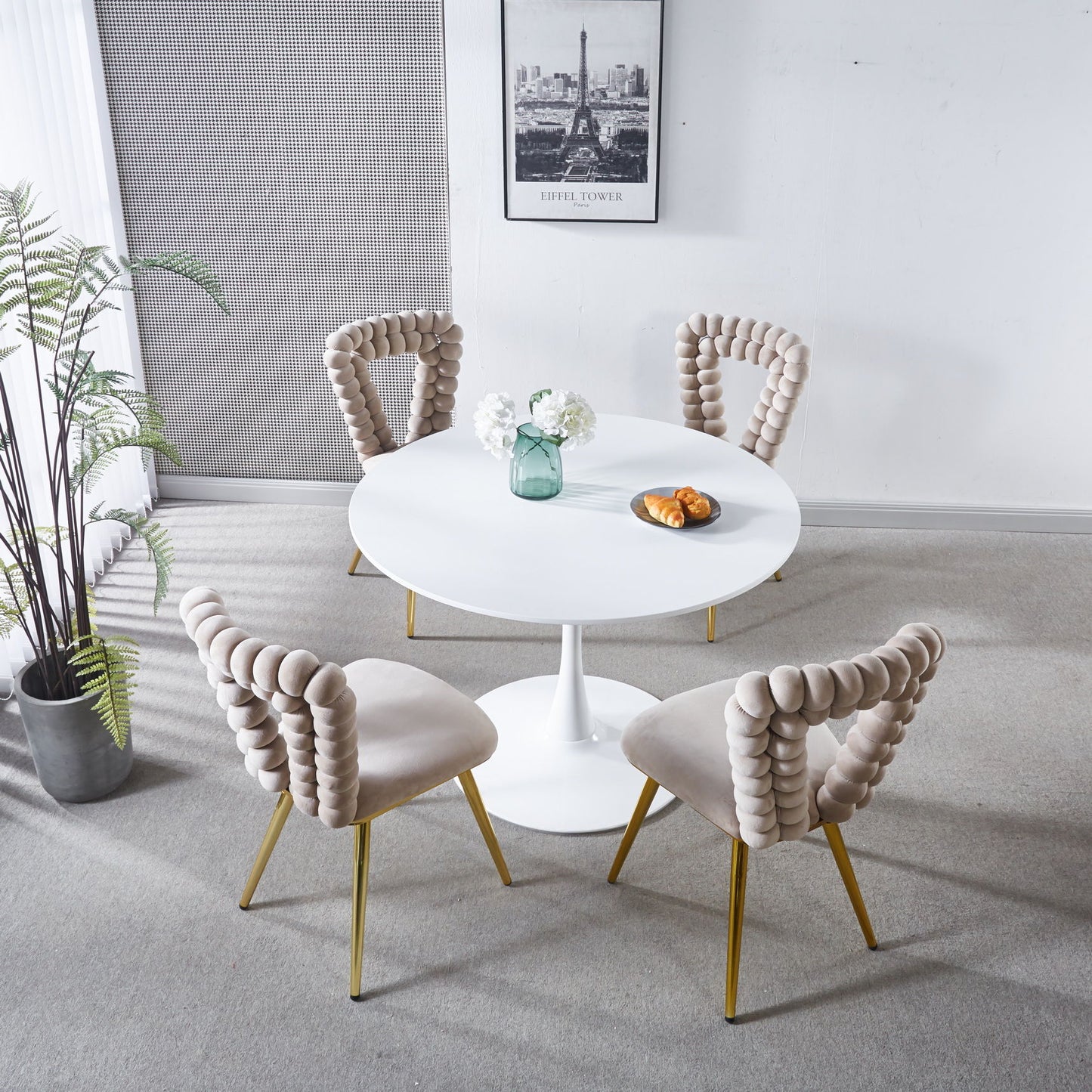 Modern Chair With Iron Tube Legs, Soft Cushions And Comfortable Backrest, Suitable For Dining Room, Living Room, Cafe, Hairball Back (Set of 4) - White / Gold
