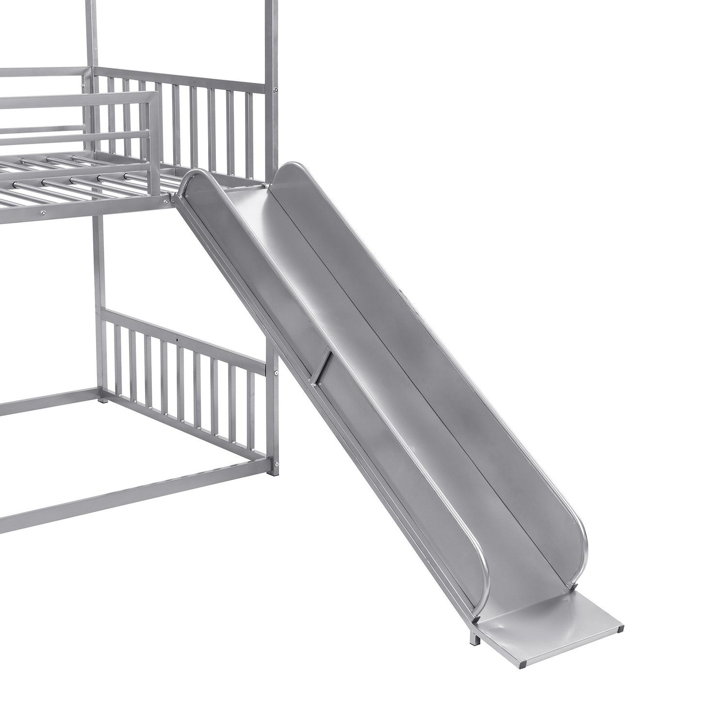 Twin Over Twin Metal Bunk Bed House Bed With Slide And Staircase - Silver