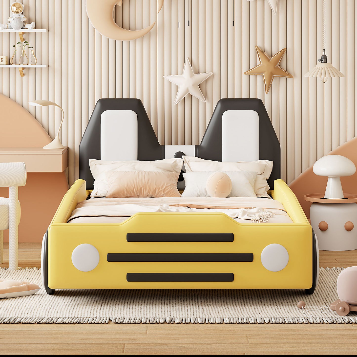 Twin Size Race Car Shaped Platform Bed With Wheels - Yellow