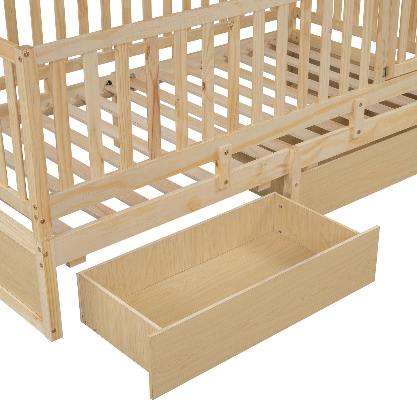 Twin Size Daybed With Fence Guardrails And 2 Drawers, Versatile Split Floor Bed & Daybed - Natural