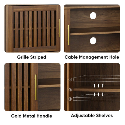 TV Stand With 2 Grille Door Cabinets And Adjustable Storage Rack, Suitable For Medieval Modern TV Cabinets, Entertainment Center With Storage Space - Walnut Wood