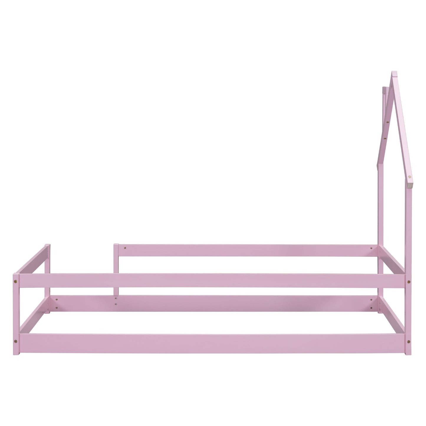 Twin Size Wood Bed With House-Shaped Headboard Floor Bed With Fences - Pink