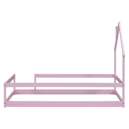 Twin Size Wood Bed With House-Shaped Headboard Floor Bed With Fences - Pink