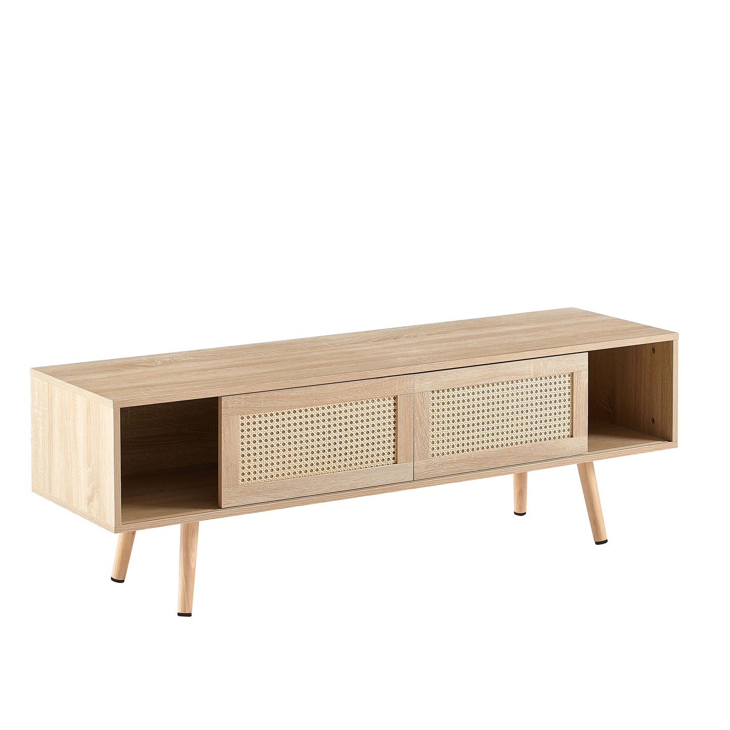 55.12" Rattan TV Cabinet, Double Sliding Doors For Storage, Adjustable Shelf, Solid Wood Legs, TV Console For Living Room - Natural