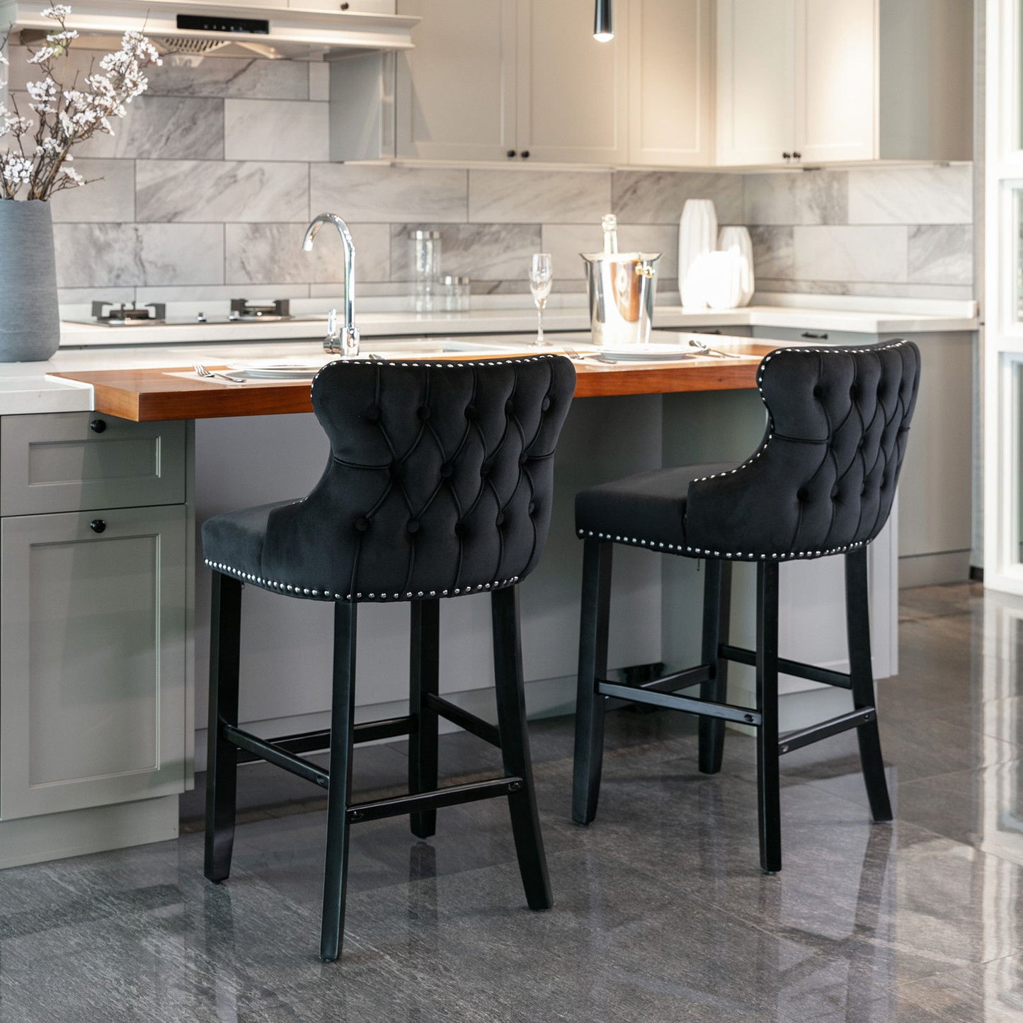 Contemporary Velvet Upholstered Wing-Back Barstools With Button Tufted Decoration And Wooden Legs, And Chrome Nailhead Trim, Leisure Style Bar Chairs, Bar Stools (Set of 4) - Black