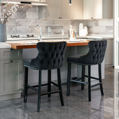 Contemporary Velvet Upholstered Wing-Back Barstools With Button Tufted Decoration And Wooden Legs, And Chrome Nailhead Trim, Leisure Style Bar Chairs, Bar Stools (Set of 4) - Black