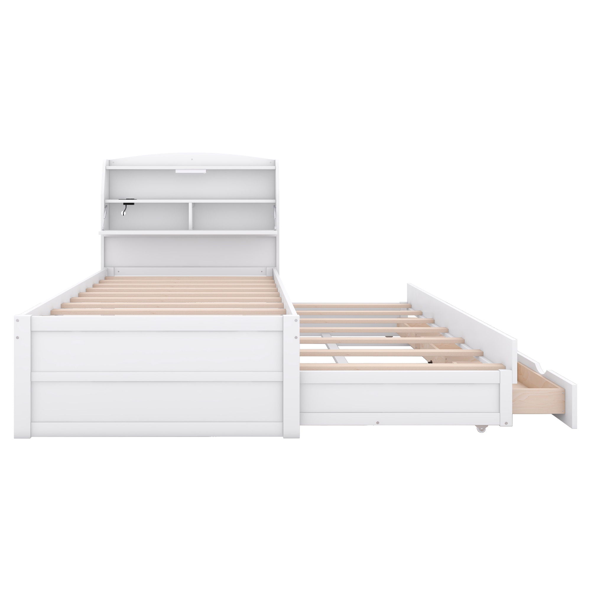 Twin Size LED Platform Bed With Trundle With Storage Headboard With Drawers - White