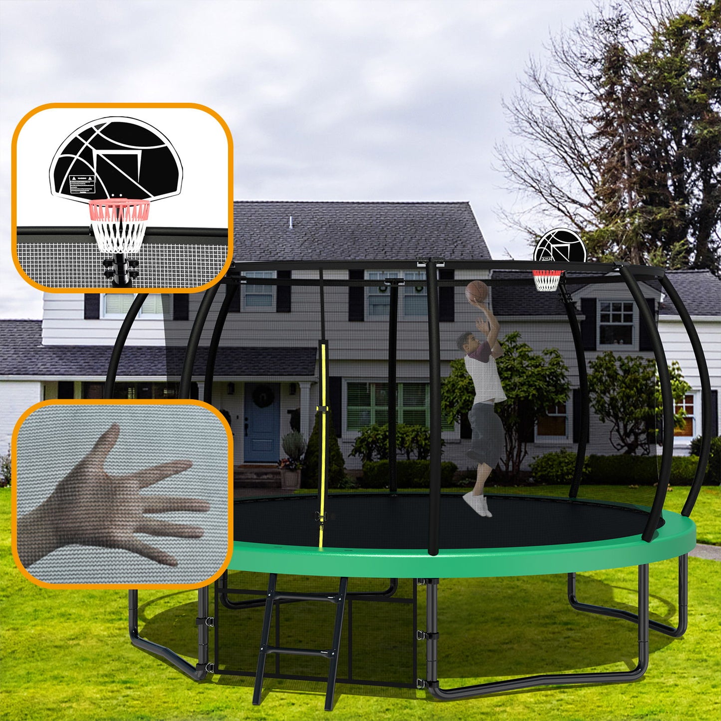 12Ft Recreational Kids Trampoline With Safety Enclosure Net & Ladder, Outdoor Recreational Trampolines - Green