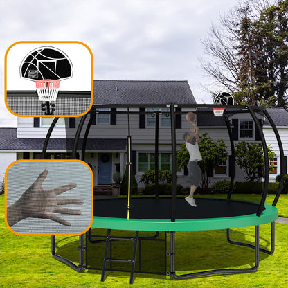 12Ft Recreational Kids Trampoline With Safety Enclosure Net & Ladder, Outdoor Recreational Trampolines - Green