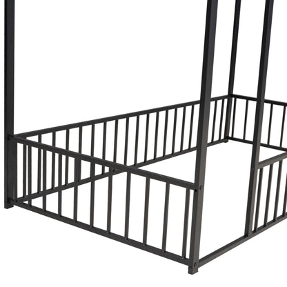 Twin Size Bed House Bed Frame With Fence - Black